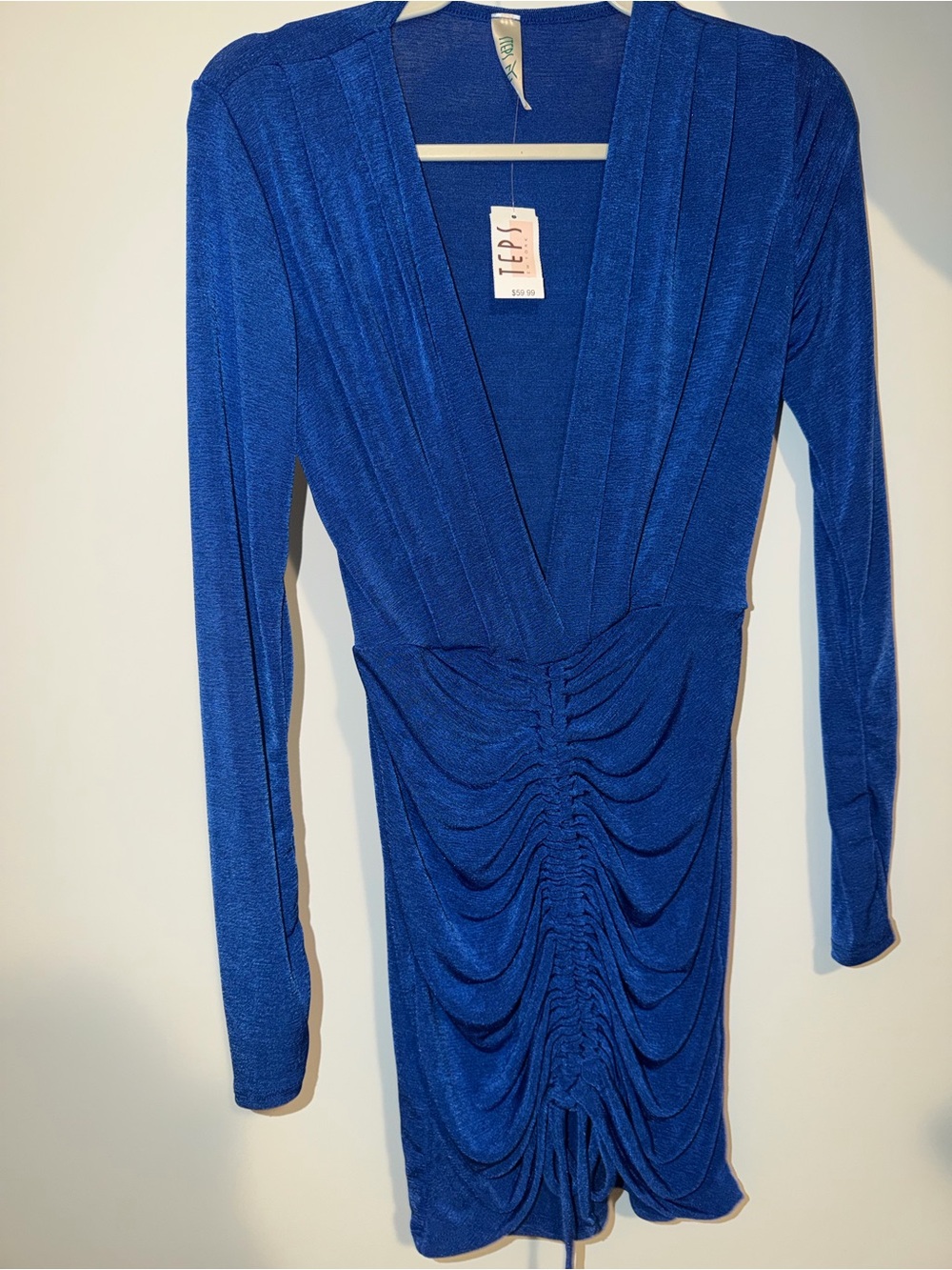 Electric Blue Long-Sleeve Ruched V-Neck Dress